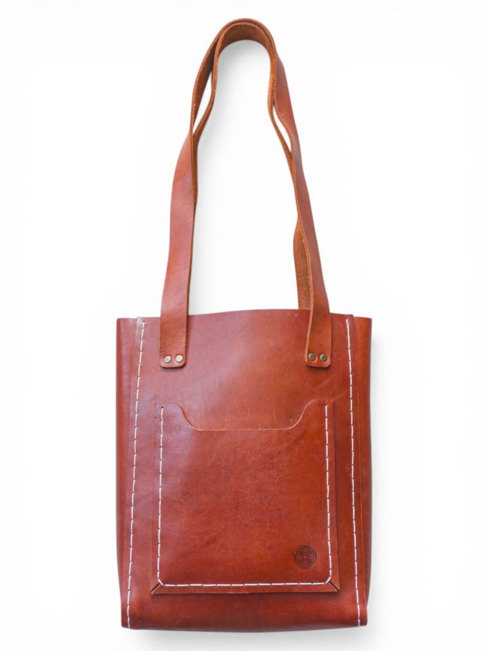 Artisan Hand-Tooled Brown Leather Tote, Quatrefoil Logo, Open-Top Shoulder Bag